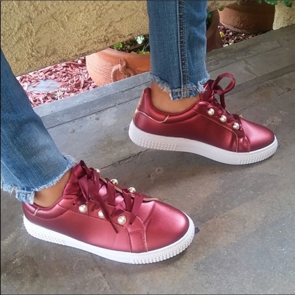 Qupid Shoes - Qupid Burgundy Lace-Up Sneakers with Pearl Accents